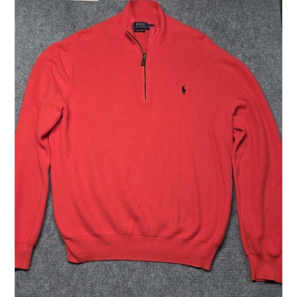 Polo Ralph Lauren Mens XL Red Quarter Zip Sweater 100% Pima Cotton Pullover Logo